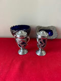 Ornate silver-tone salt and pepper shakers with cobalt blue glass bowl and frame - thumbnail 2 of 5