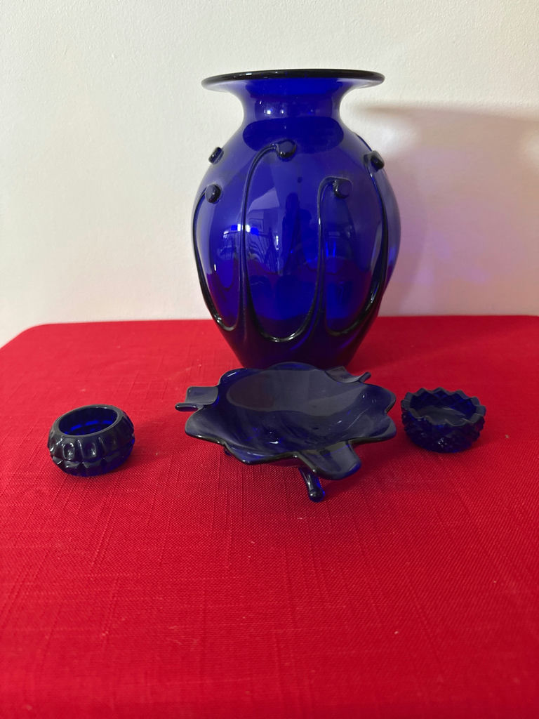 Cobalt Blue Glass Vase with Metal Handles, Leaf-Shaped Dish, and Small Jars - image 1 of 3