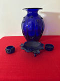 Cobalt Blue Glass Vase with Metal Handles, Leaf-Shaped Dish, and Small Jars - thumbnail 1 of 3