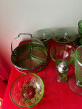 Green glassware collection with lidded dish and metal basket - thumbnail 4 of 5