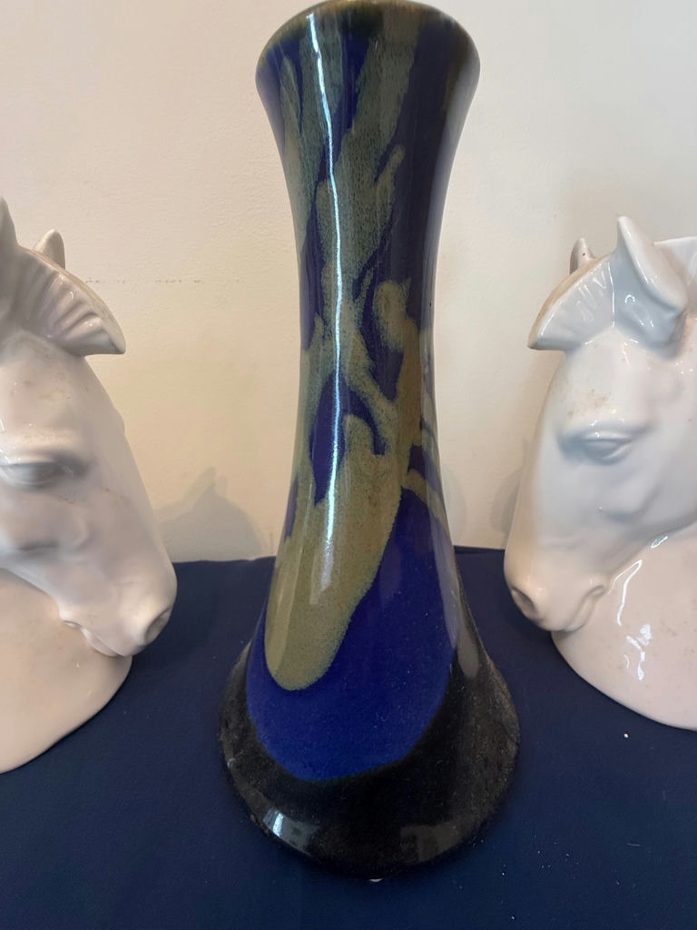 Pair of horse head ceramic busts with a tall glazed vase - image 4 of 5