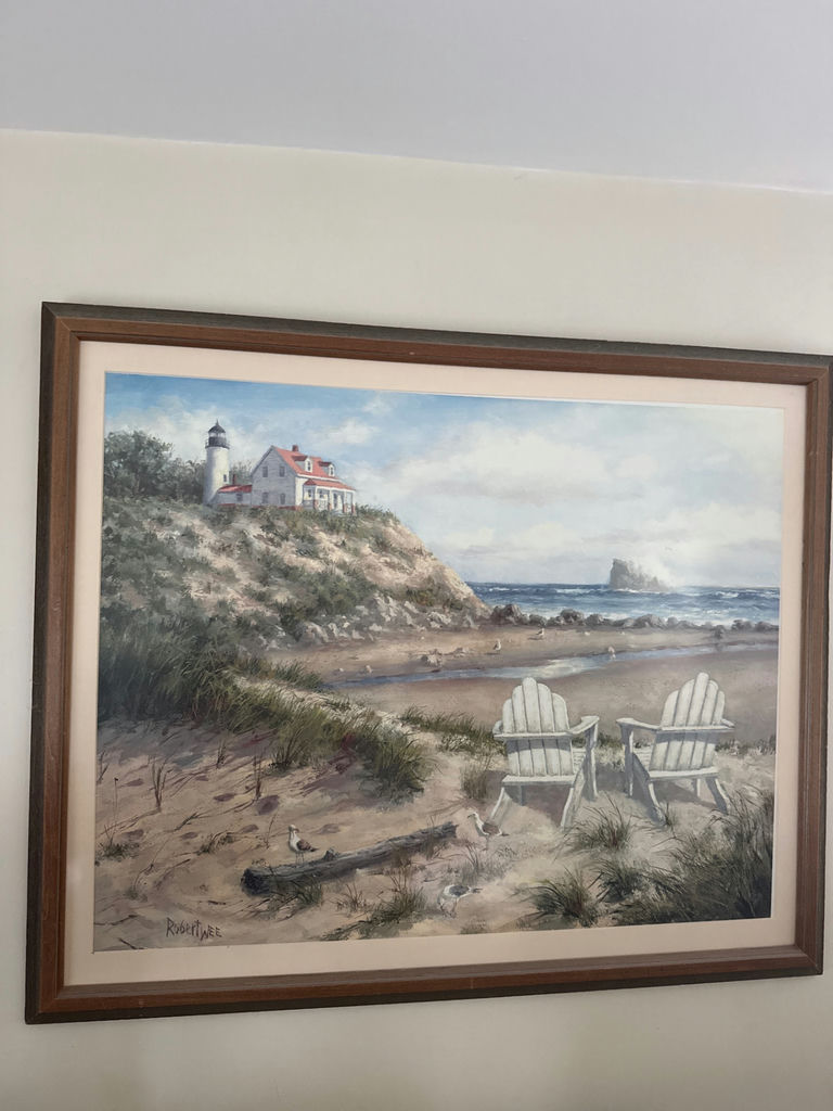 Robert Wee - Coastal painting with lighthouse, house and chairs - image 1 of 3