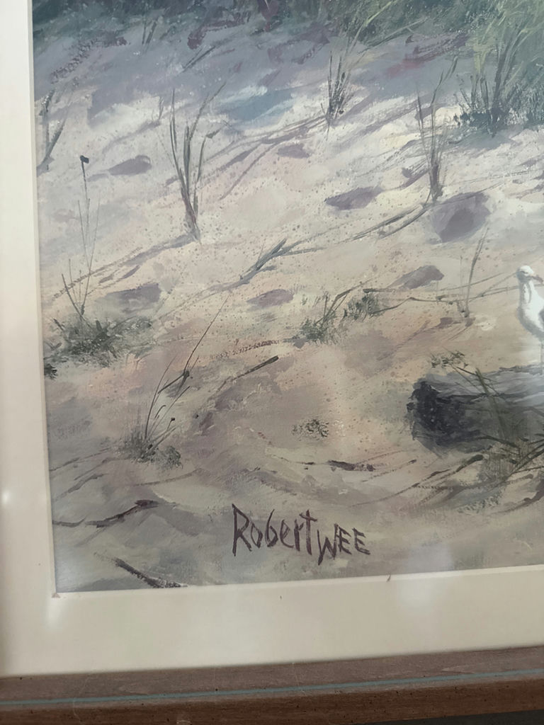 Robert Wee - Coastal painting with lighthouse, house and chairs - image 3 of 3
