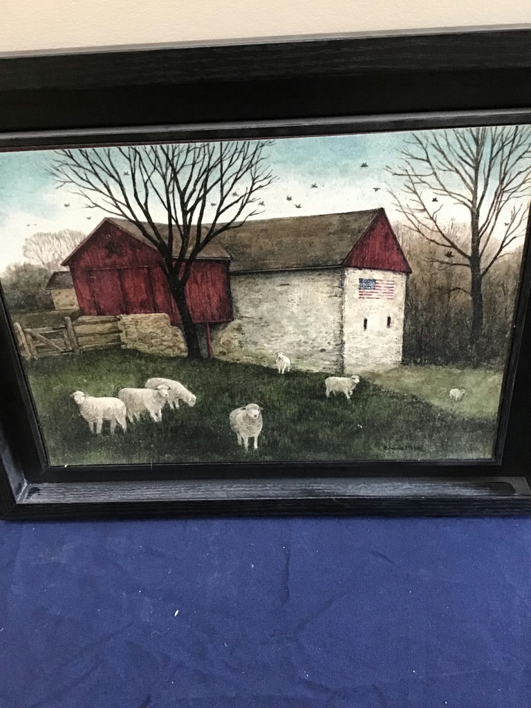 Framed farmyard scene with barn and sheep 18x14 - image 2 of 2