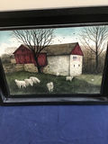 Framed farmyard scene with barn and sheep 18x14 - thumbnail 2 of 2