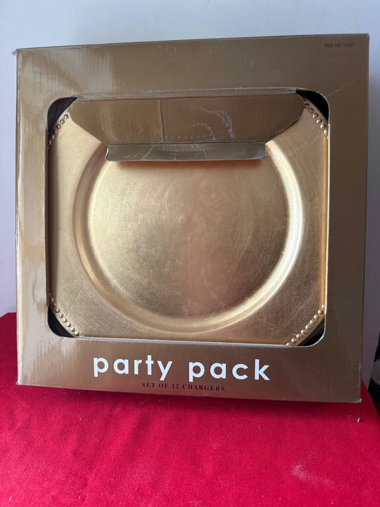 Gold charger plates set (12) in box - image 1 of 3