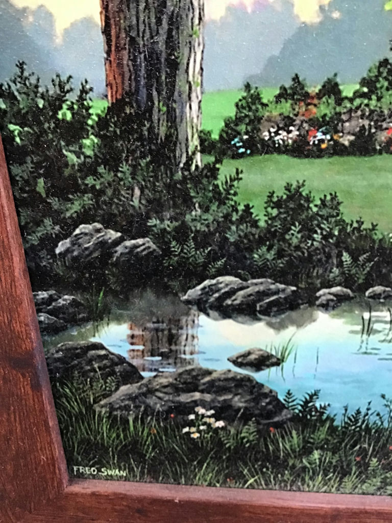 23.5x19.5 Framed landscape painting with cottage, barn, pond and dogs - image 2 of 2