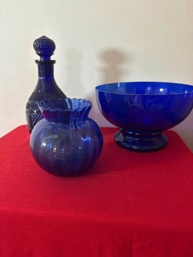 Cobalt blue glass decanter, vase, and bowl - image 1 of 2