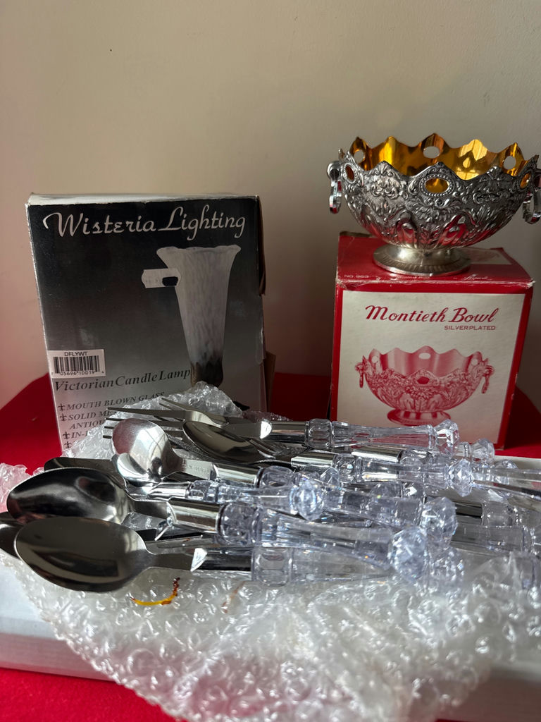 Crystal-handled flatware set with ornate silver bowl and Victorian candle lamp kit - image 1 of 2