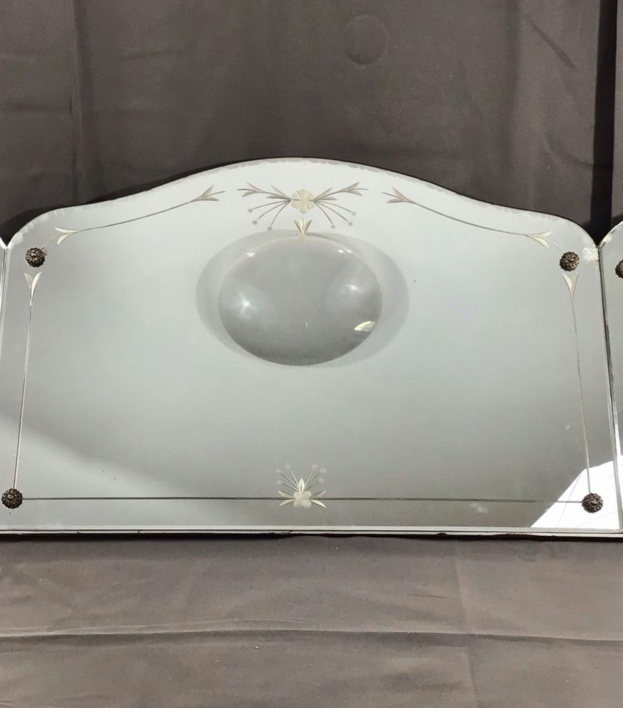 Antique Etched Glass Triptych Wall Mirror - image 2 of 10