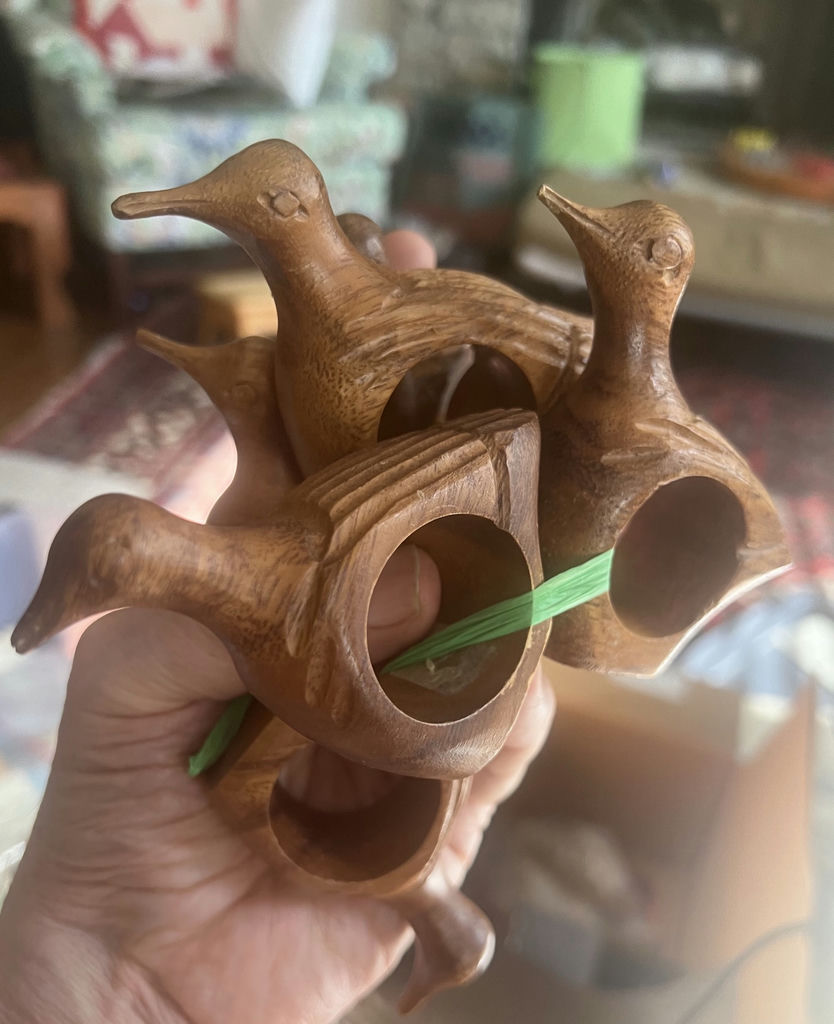 Set 6 Carved Wood Bird Mahogany Napkin Rings MCM - image 1 of 6
