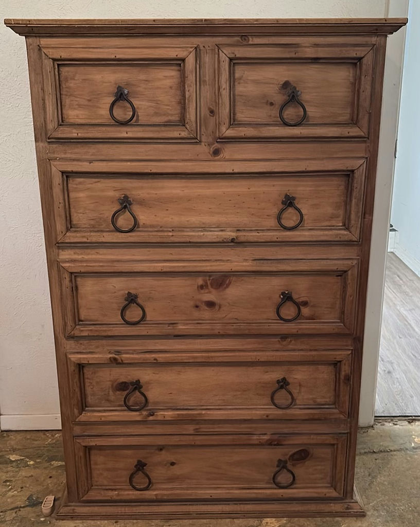 Rustic pine bedroom furniture set with dresser, nightstands, and bed frame - image 1 of 6