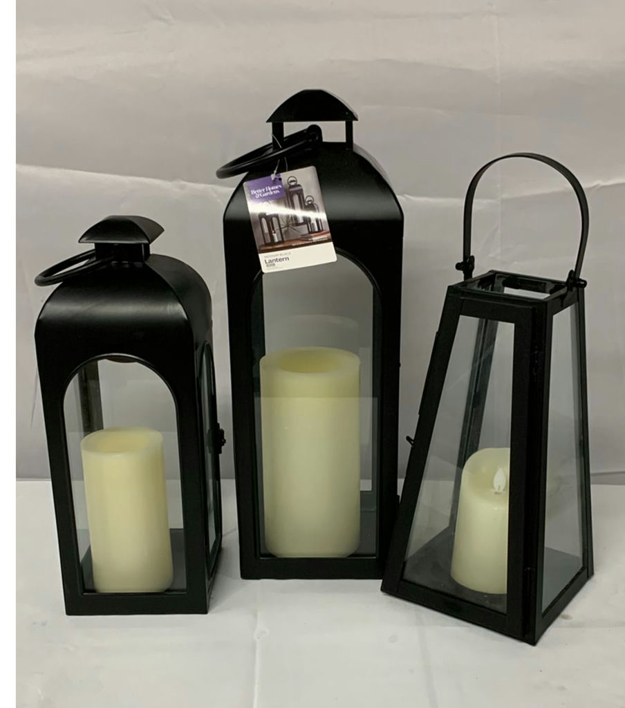 Black metal lanterns, wire baskets, and wooden tray stand - image 4 of 5
