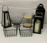 Black metal lanterns, wire baskets, and wooden tray stand - thumbnail 1 of 5
