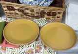 Wicker picnic baskets with blue floral and yellow dinnerware, glassware, and linens - thumbnail 2 of 12