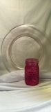 Green hurricane vase, blue ribbed goblets, pink textured jar, amber vase with red rim, and silver plate - thumbnail 3 of 5