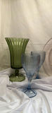 Green hurricane vase, blue ribbed goblets, pink textured jar, amber vase with red rim, and silver plate - thumbnail 2 of 5