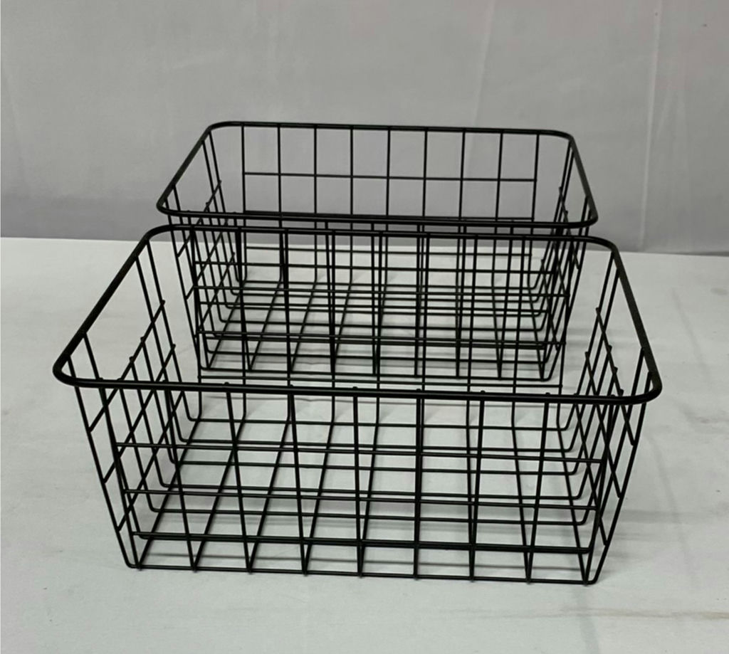 Black metal lanterns, wire baskets, and wooden tray stand - image 2 of 5