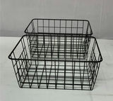 Black metal lanterns, wire baskets, and wooden tray stand - thumbnail 2 of 5