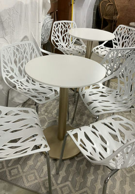 8 White Birds Nest Plastic Chairs, 2 Small Round Tables - Image 1 of 5