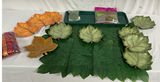 Leaf-themed home decor set with ceramic leaf plates, leaf placemats, moss, and plaid table runner - thumbnail 1 of 6