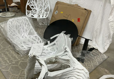 6 White Plastic Bird Nest Chairs, NEW! And 5 Black Metal Tables, NEW! - Image 1 of 6
