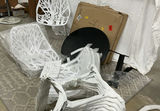6 White Plastic Bird Nest Chairs, NEW! And 5 Black Metal Tables, NEW! - thumbnail 1 of 6