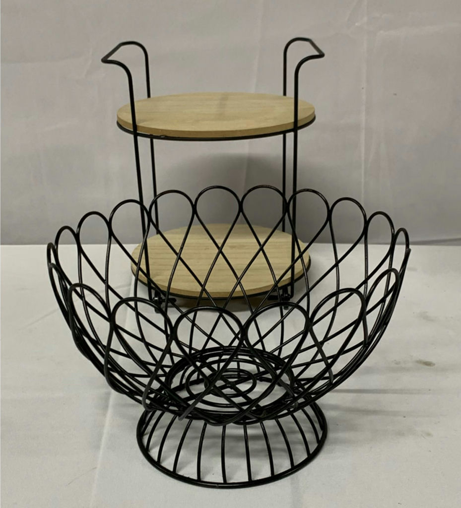 Black metal lanterns, wire baskets, and wooden tray stand - image 3 of 5