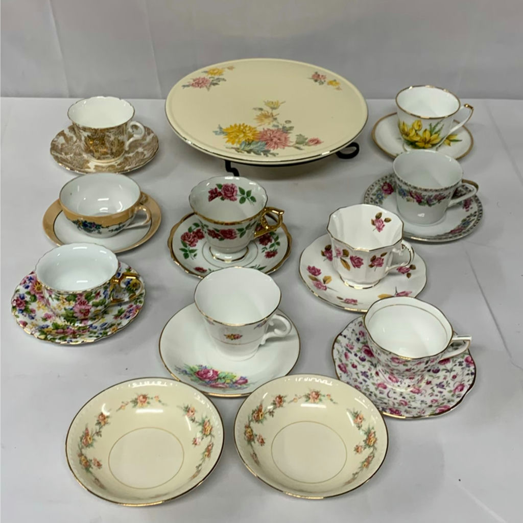 Porcelain Cake Plate And Teacups - image 1 of 17