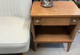 Ivory Velour Cushioned Settee, MCM Nightstand, Contemporary Lamp - thumbnail 3 of 8