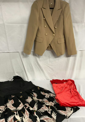 Tan double-breasted blazer, crane-print black dress set, and red Lane Bryant garment - Image 1 of 8