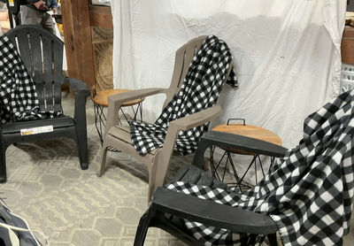 3 Plastic Adirondack Chairs, 2 Metal And Wood Small Tables, 3 Blankets - Image 1 of 5