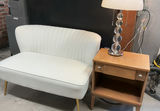 Ivory Velour Cushioned Settee, MCM Nightstand, Contemporary Lamp - thumbnail 1 of 8