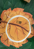 Leaf-themed home decor set with ceramic leaf plates, leaf placemats, moss, and plaid table runner - thumbnail 3 of 6