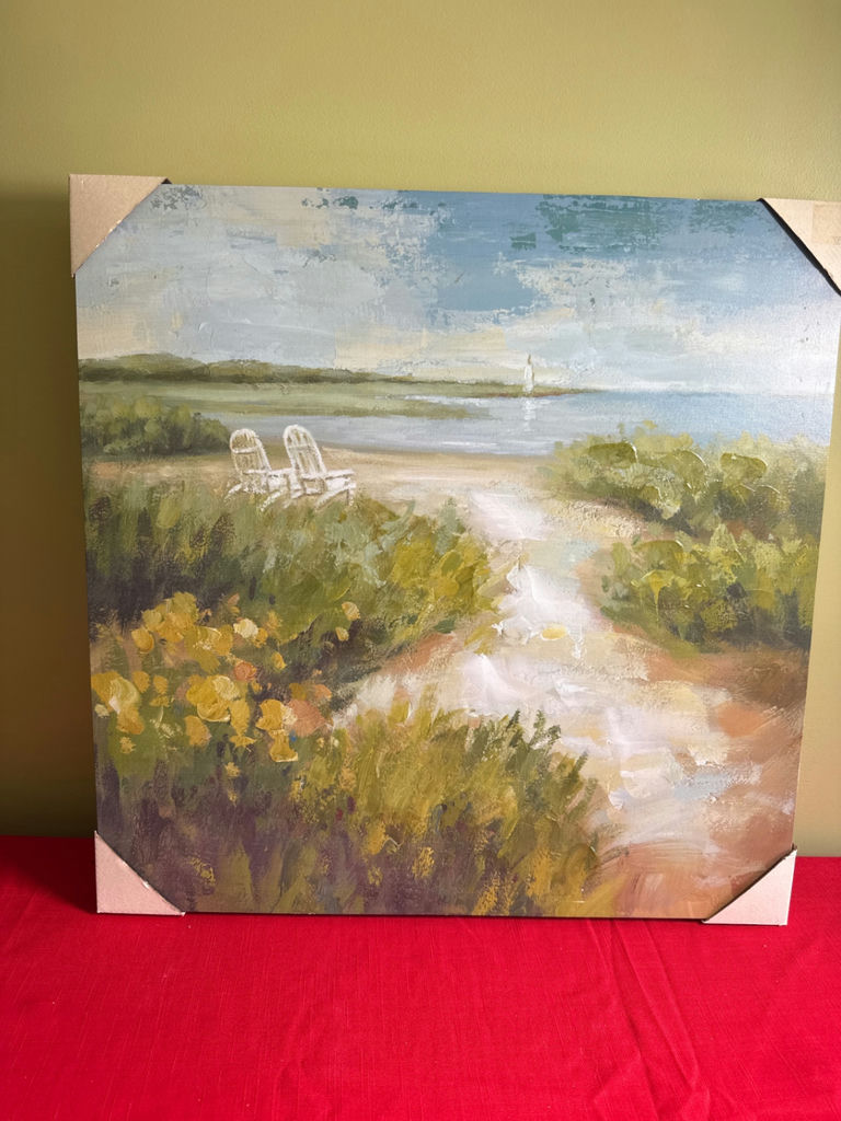 Coastal landscape painting with two white chairs - image 1 of 2