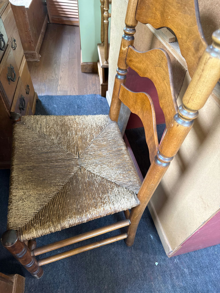 Antique wooden desk with drawers and woven-seat chairs - image 4 of 4