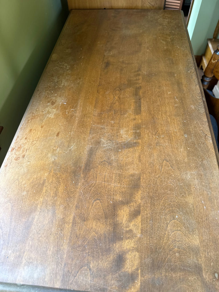 Antique wooden desk with drawers and woven-seat chairs - image 3 of 4