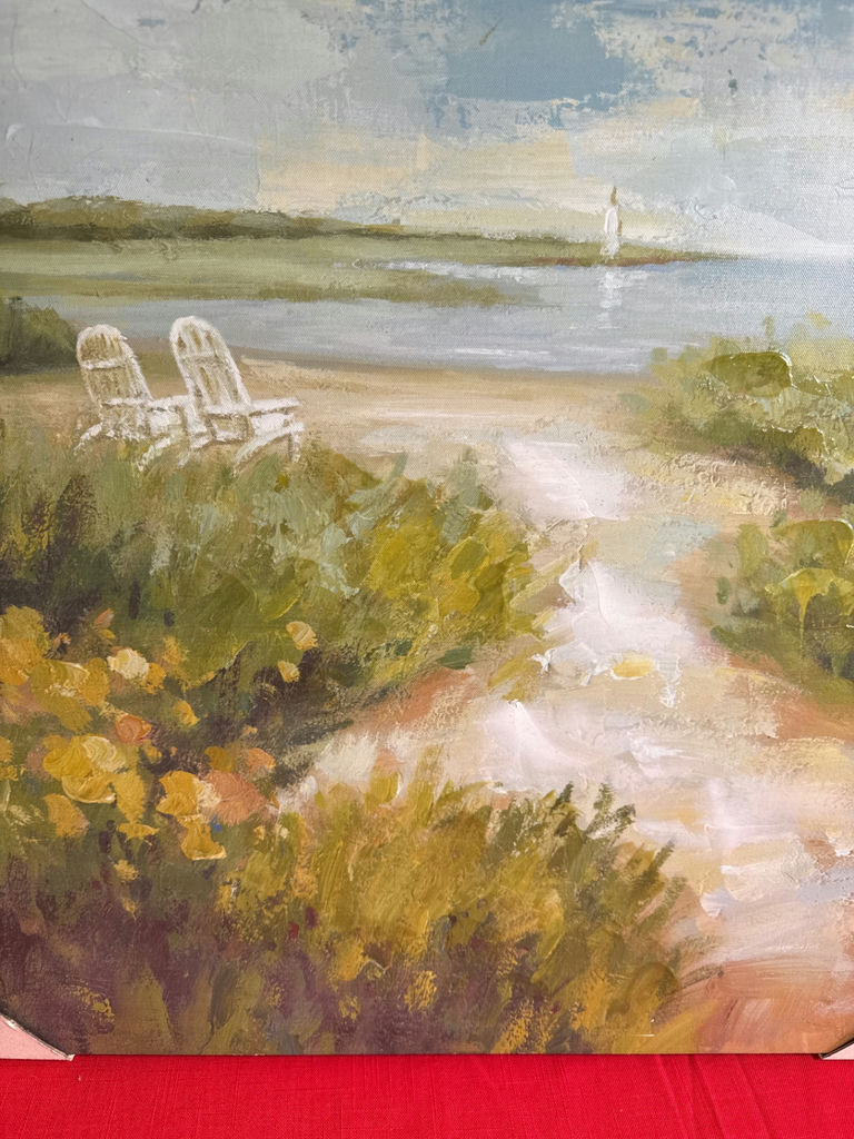 Coastal landscape painting with two white chairs - image 2 of 2