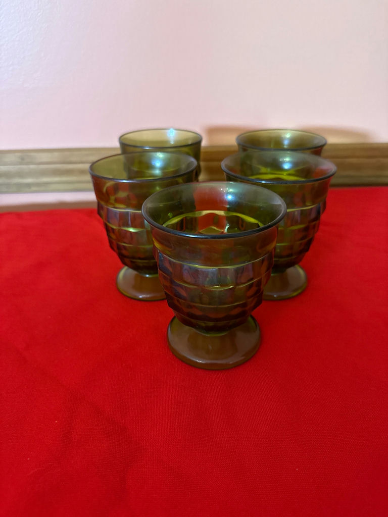 Set of Five Green Ribbed Glass Goblets - image 1 of 2