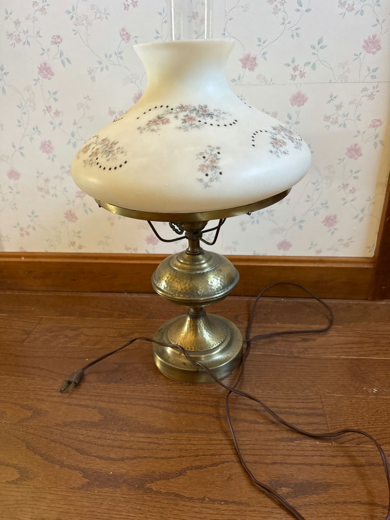 Vintage brass table lamp with glass floral shade - image 1 of 3