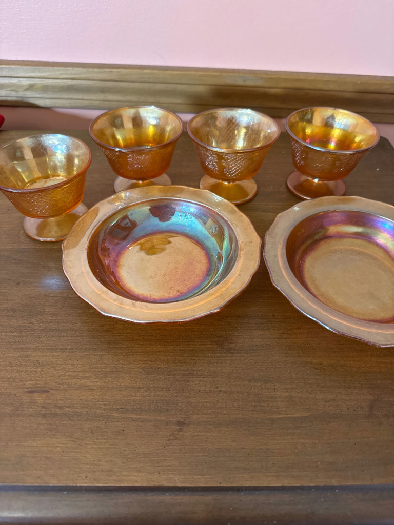 Carnival glass Iridescent amber glass goblets with matching plates - image 2 of 2