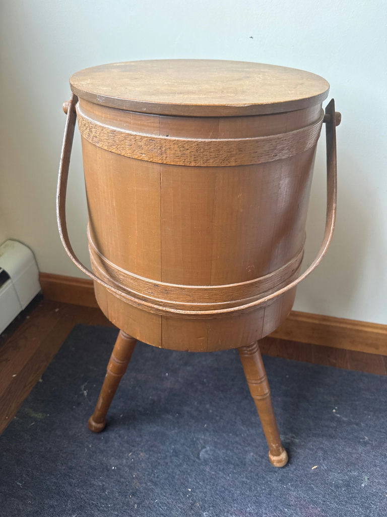 Vintage wooden barrel sewing  storage with lid on tripod legs - image 1 of 2