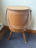 Vintage wooden barrel sewing storage with lid on tripod legs - thumbnail 1 of 2