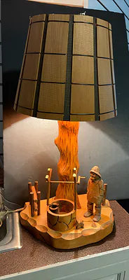 Carved Wooden Lamp with Rustic Scene - Image 1 of 8
