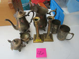 Silver-Tone Tea Service Pieces, Brass Candlesticks, and Metal Mugs - thumbnail 1 of 5