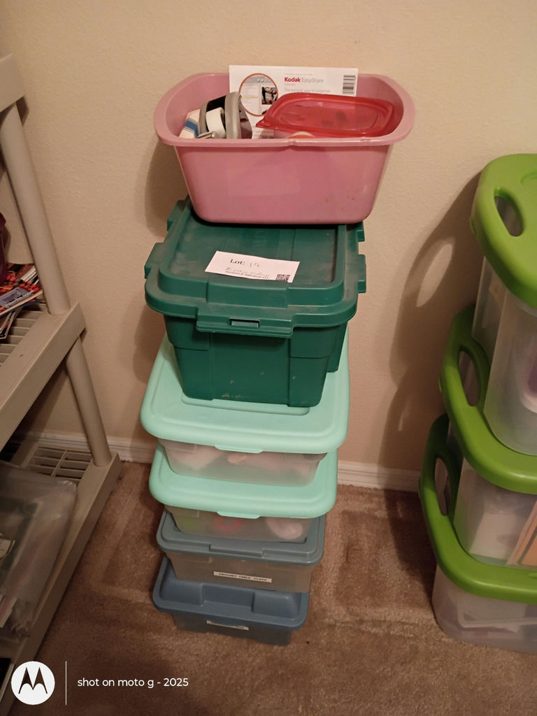 Plastic Storage Bins with Assorted Craft Supplies and Small Household Items - image 1 of 7