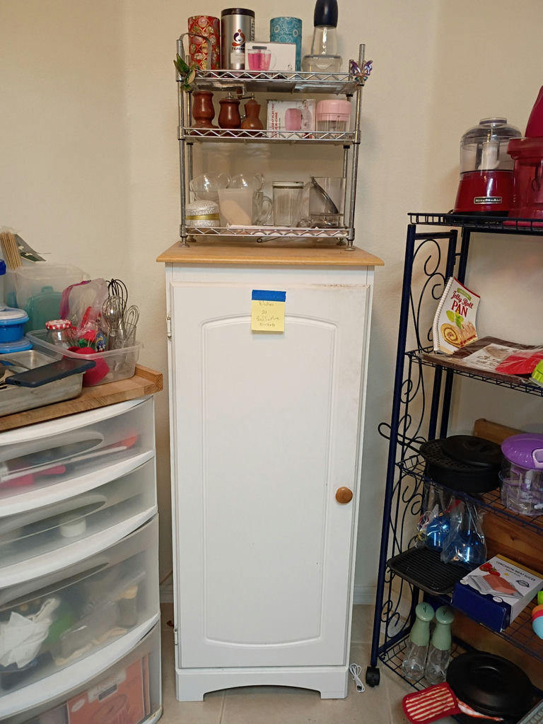 White Storage Cabinet with Metal Shelving and Kitchen Accessories - image 1 of 4
