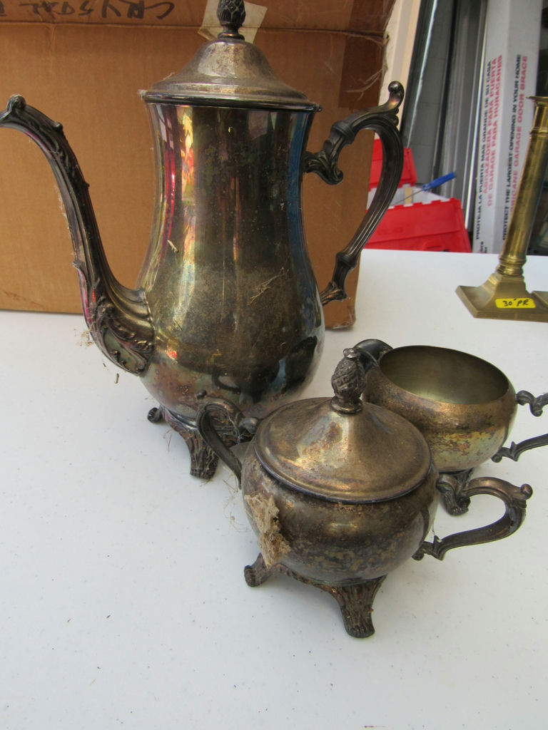 Silver-Tone Tea Service Pieces, Brass Candlesticks, and Metal Mugs - image 2 of 5