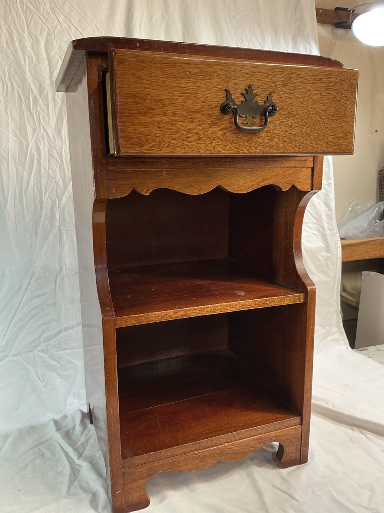 Vintage wooden nightstand, wooden stool, and decorative lamp. - image 6 of 7