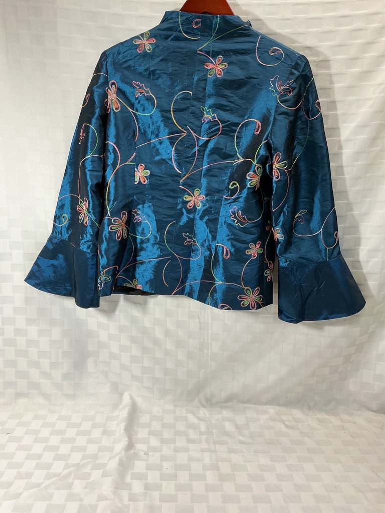 Embroidered kimono-style robe, silk bomber jacket, and pink satin shirt. - image 4 of 9